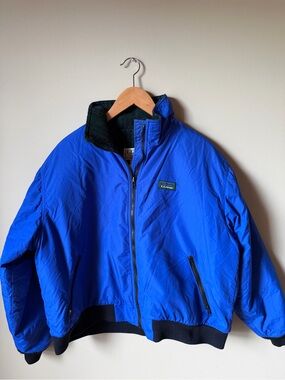 Vintage 90s LL Bean Warm Up Jacket Blue Fleece Lined Green Plaid Bomber Men's L